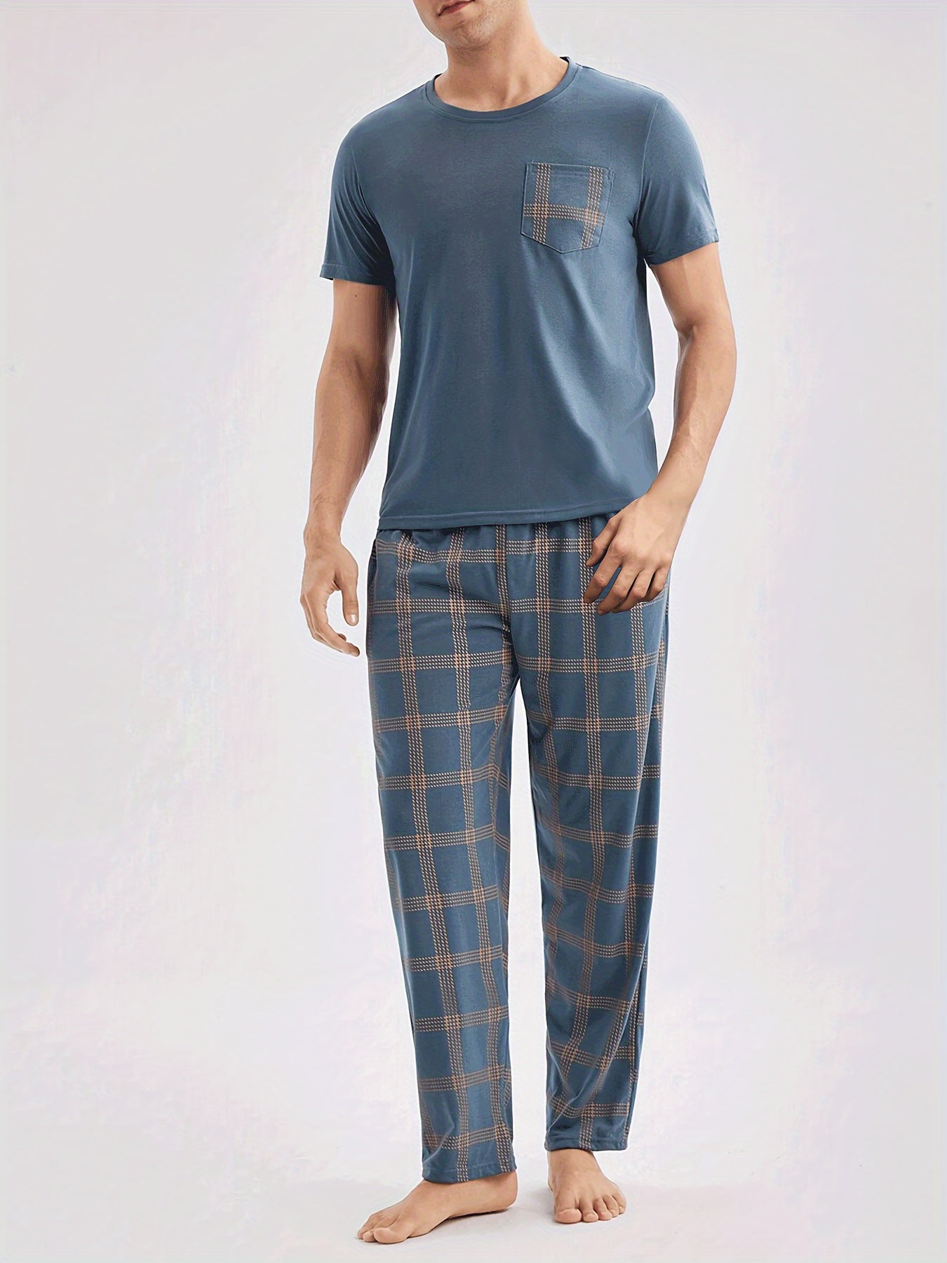 Men's Casual Blue Short Sleeve Top and Plaid Long Pants Loungewear Set Polyester