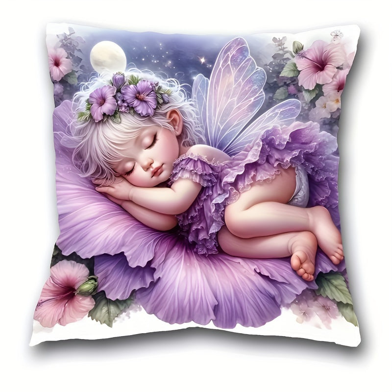 Angel Girl Plush Pillowcase Fairy Tale Design Sleeping Fairy Floral Starry Night Soft Bedroom Decor
