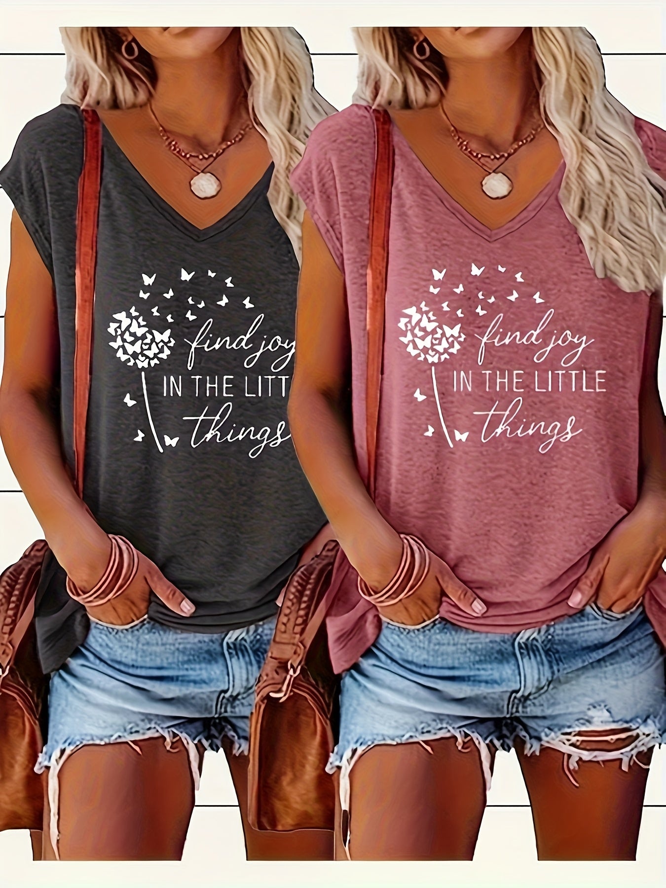 Women's Printed V-Neck T-Shirts Short Sleeve Casual Spring Summer Pack of 2