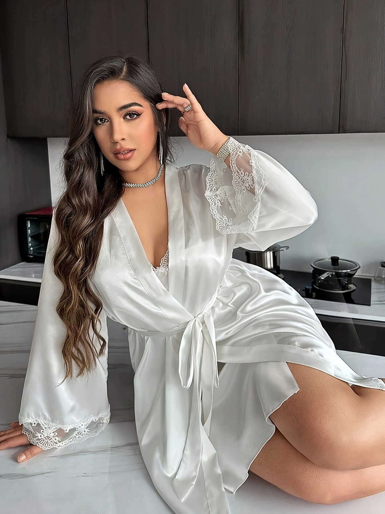 Plus Size Lace Trim Long Sleeve Robe and Slip Dress Set V-Neck Semi-Sheer Machine Washable