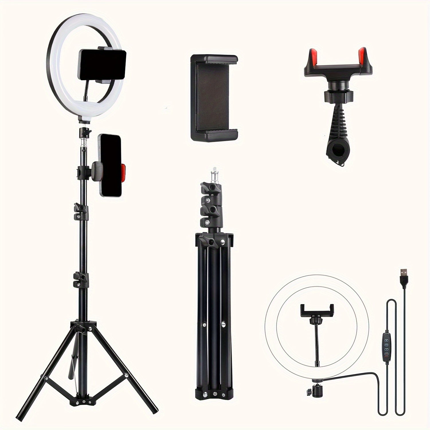 Комплект светодиодного кольцевого светильника для селфи с регулируемым штативом и двойной подставкой для телефона, 3 цветовых режима