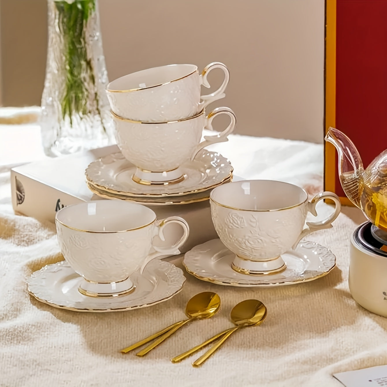 European Style Gilded Ceramic Coffee Cup and Saucer Set Embossed Gold Edges for Tea Latte Breakfast