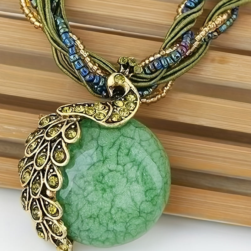Vintage Alloy Peacock Leaf Gemstone Pendant Necklace Boho-Chic Jewelry