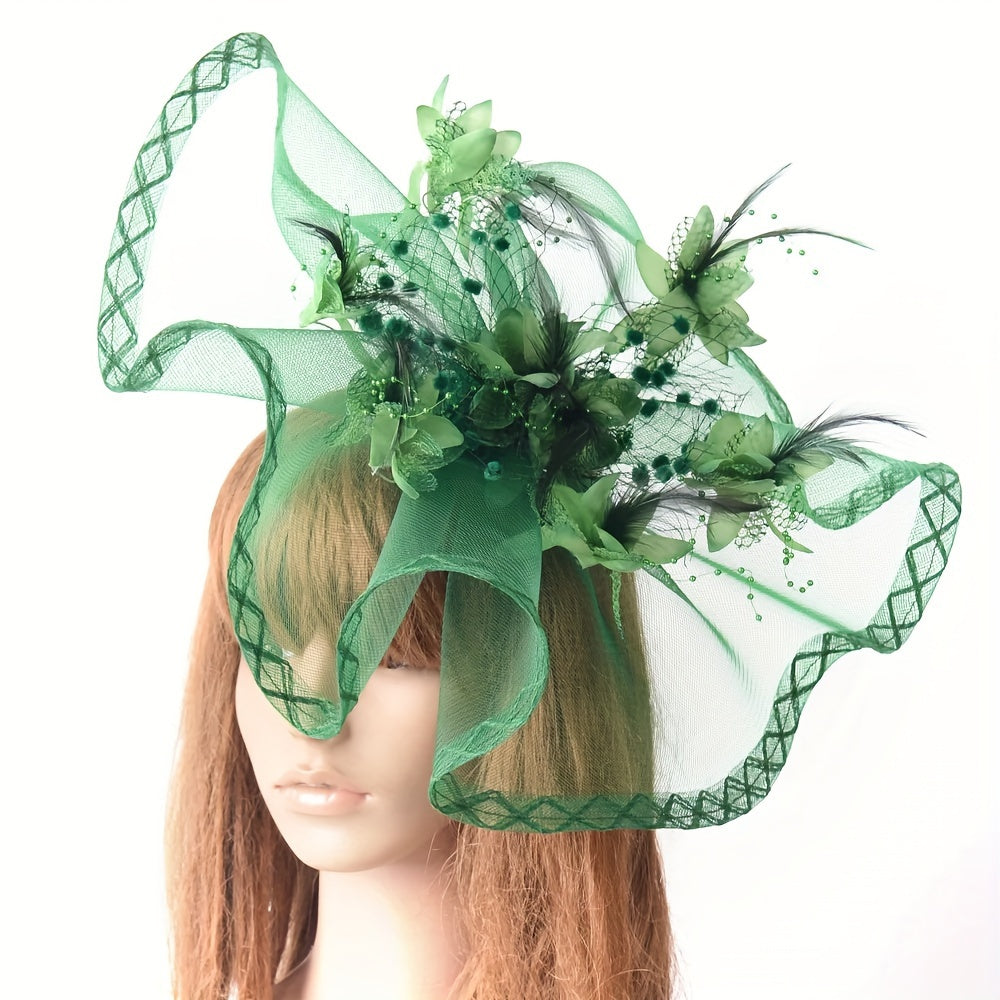 Vintage Fascinator Headwear with Flower Mesh and Faux Feather for Women Tea Party Wedding