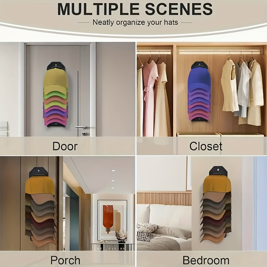 Estante para sombreros de montaje en pared, negro, con capacidad para 20 gorras, respaldo adhesivo duradero