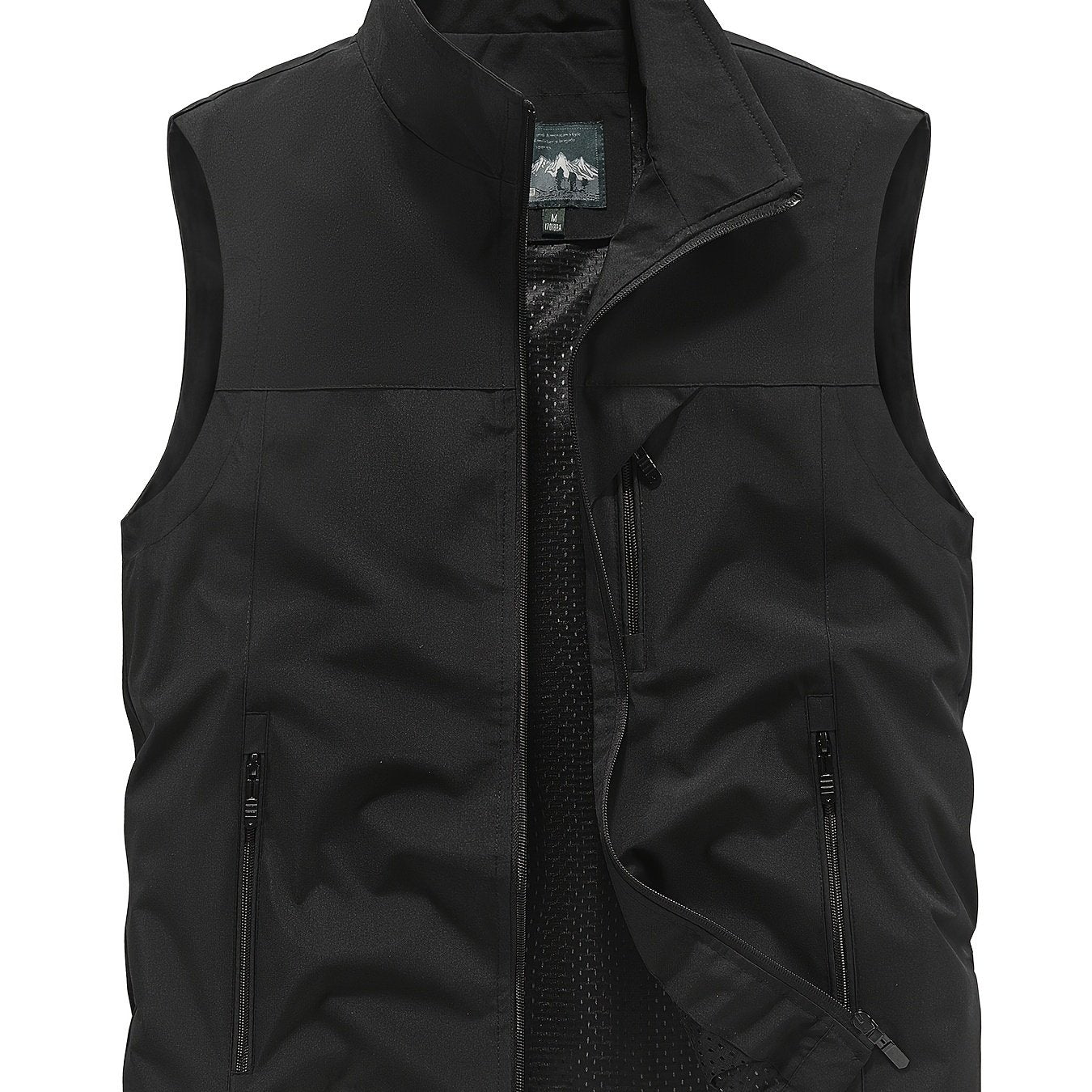 Men's Polyester Sleeveless Jacket with Zipper Pockets Stand Collar for Outdoor Activities