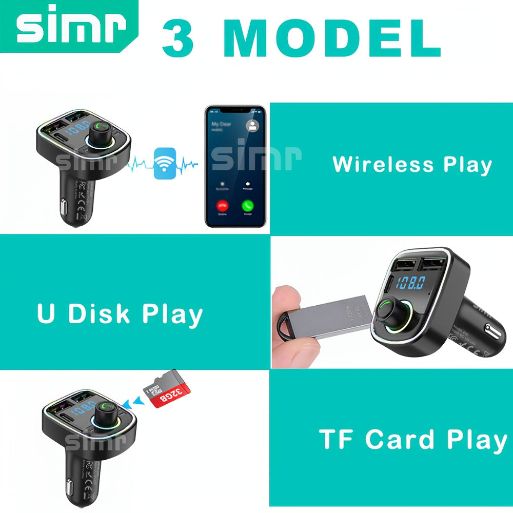 Wireless Car FM Transmitter with TF Card USB-C Dual Charging Hands-Free