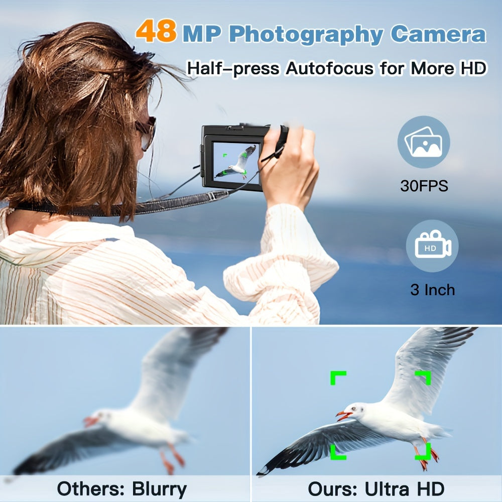 4K Ultra HD Digital Camera with 48MP Auto-Focus 16X Zoom 180° Flip Screen Black