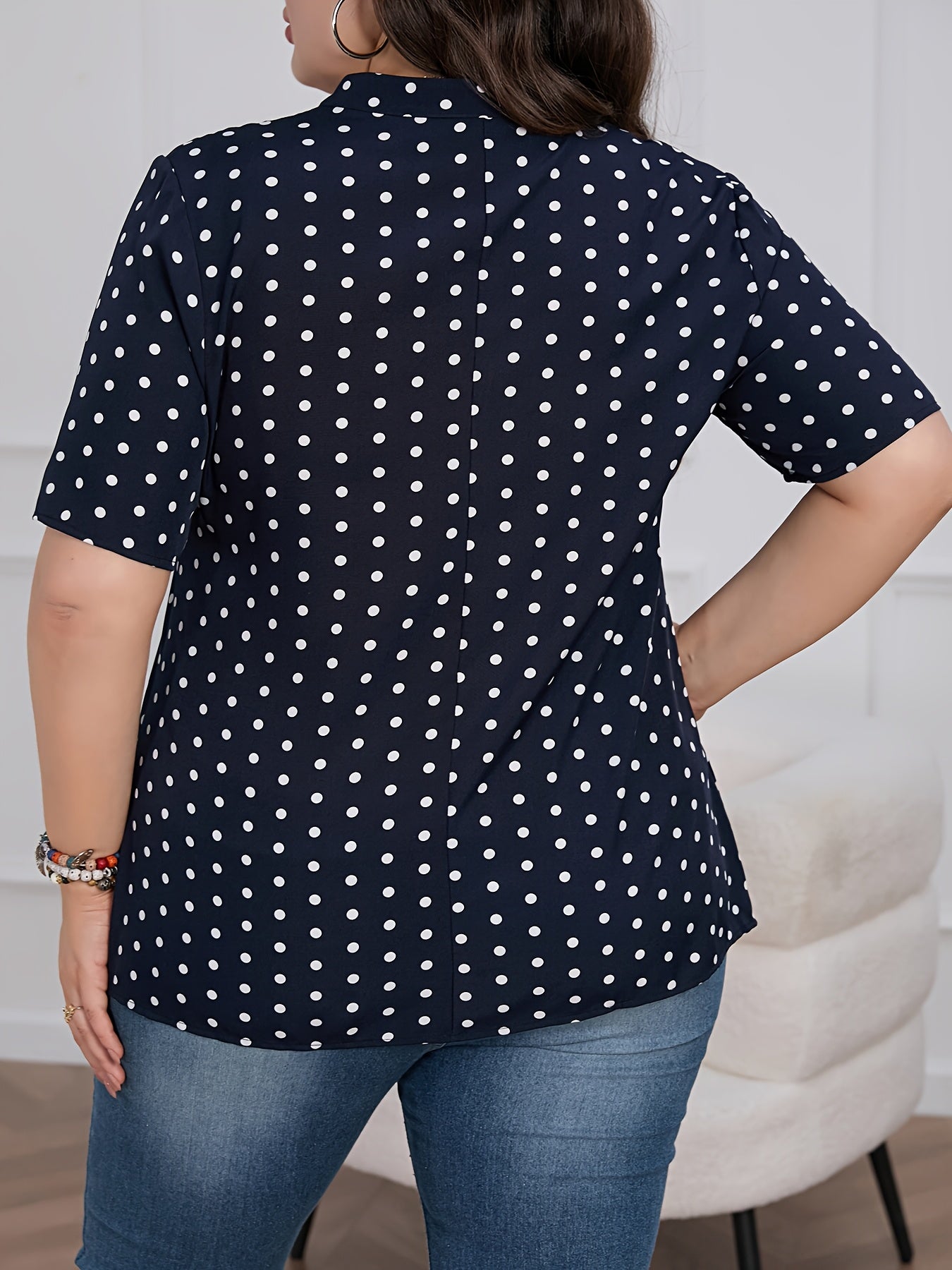 Women's Plus Size Polka Dot V-Neck Short Sleeve Zip Casual Summer Shirt