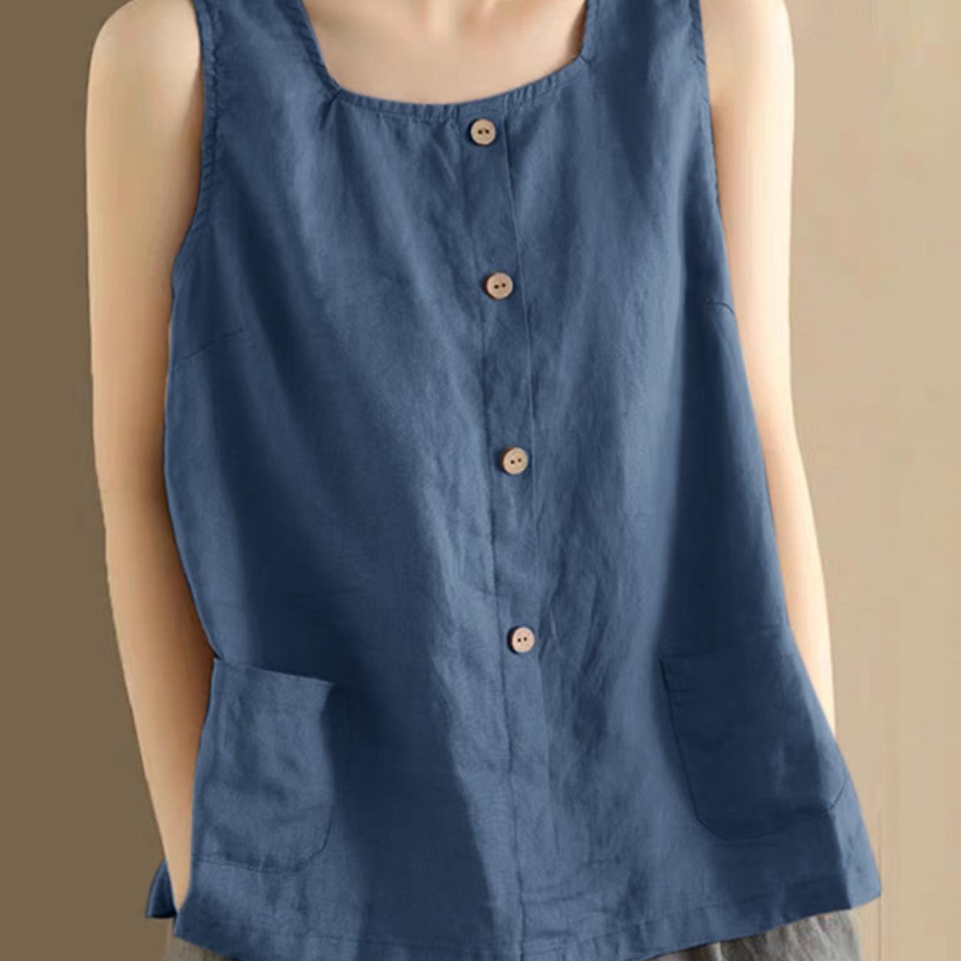 Plus Size Women's Sleeveless Woven Tank Top with Pockets Solid Color