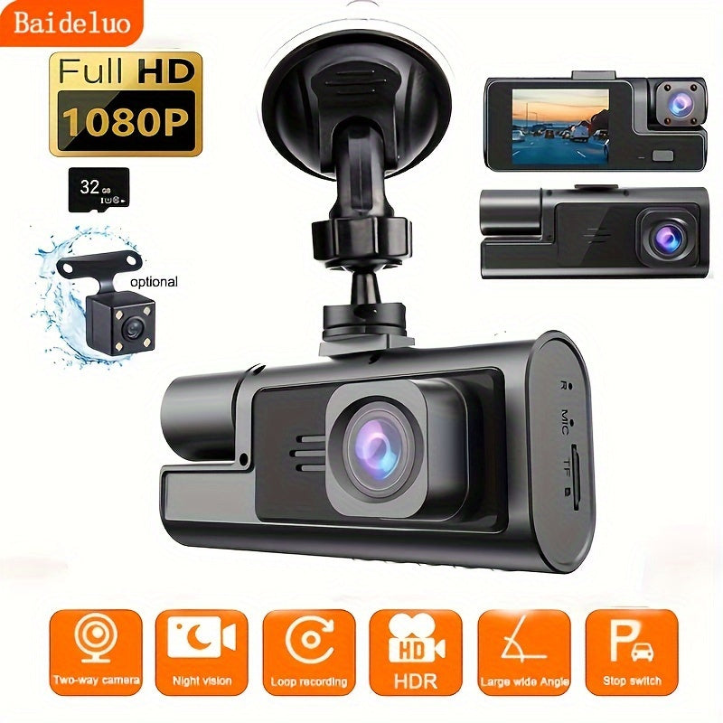 Three-Lens 1080P HD Car Dashcam with Night Vision and Reversing Camera