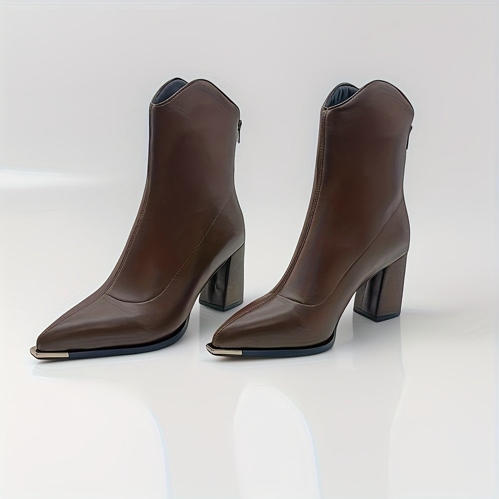 Women's Brown Pointed Toe Chunky Heel Ankle Boots All-Season Faux Cover