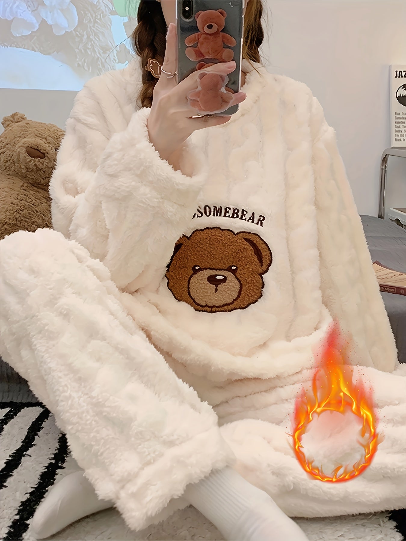 Women's Winter Plush Pajama Set Long Sleeve Teddy Bear Top and Pants Soft Polyester Comfortable