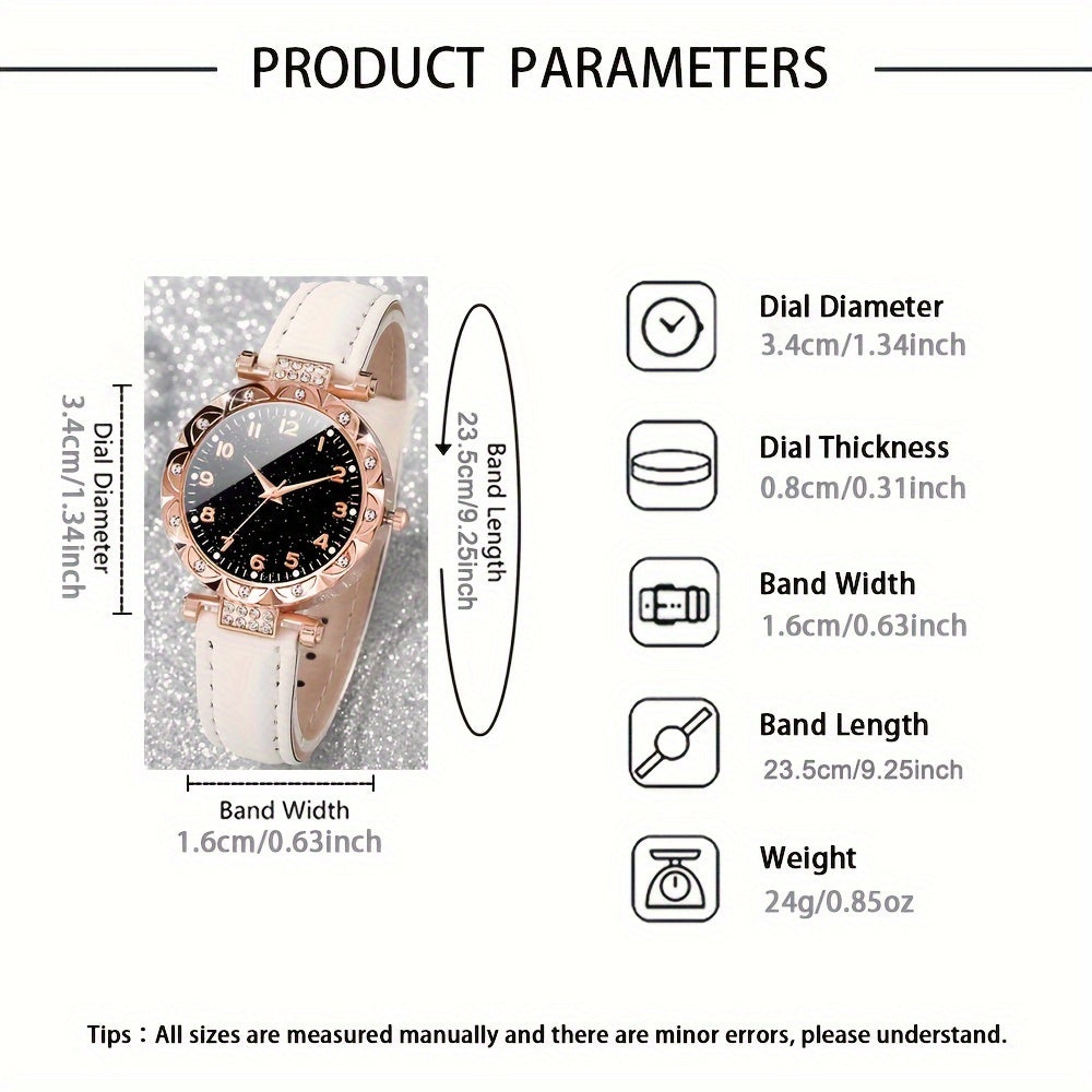 Women's Quartz Watch Set 3-Piece Round Dial PU Strap Elegant Gift