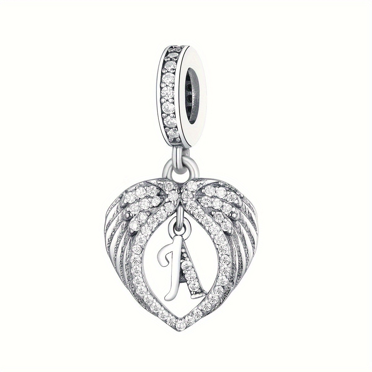 Sterling Silver Heart-Shaped Wing Pendant with Zircon Letter for DIY Jewelry