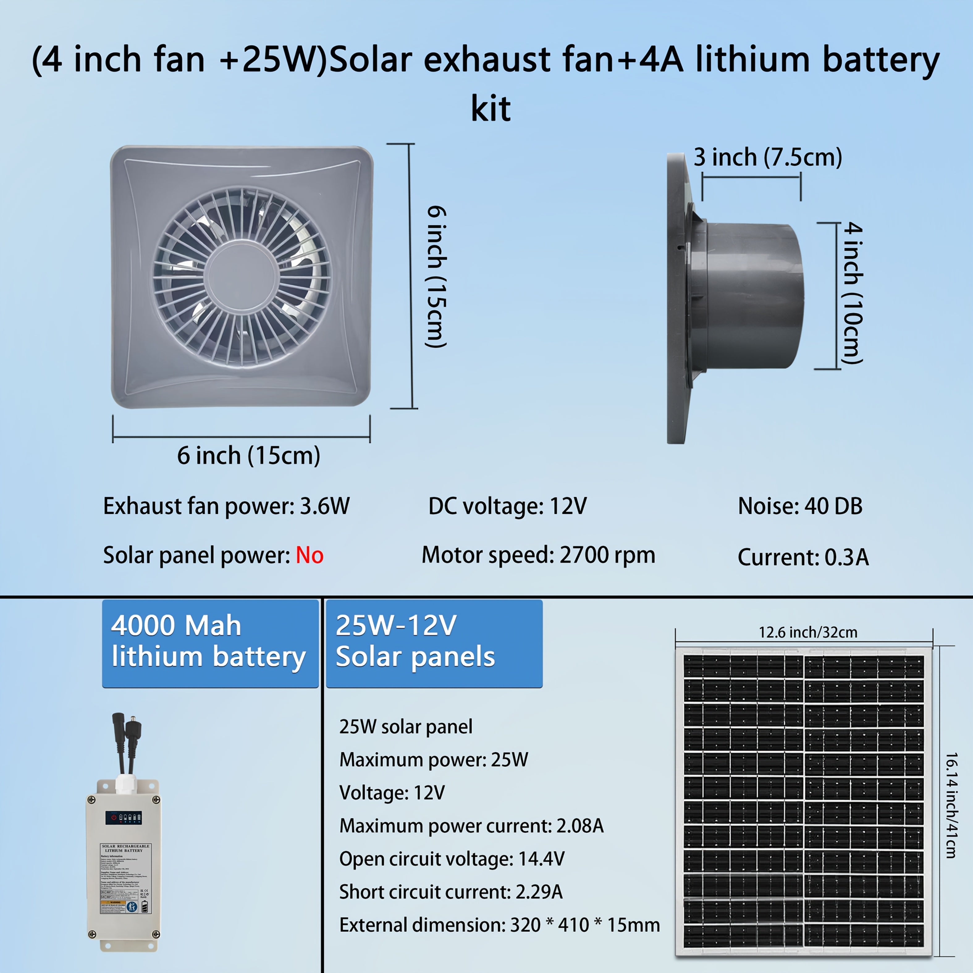 Quyosh energiyali shamollatgich kulrang 10-20cm Batareya to'plami issiqxona ventilyatsiyasi uchun