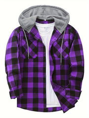 Men's Plaid Pattern Hoodie Jacket with Pockets Long Sleeve Casual Outdoor