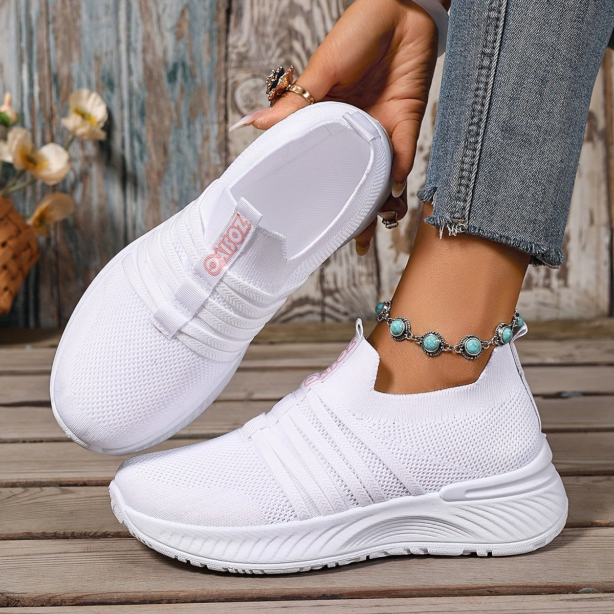 Women's Slip-On Sneakers White Black Casual Summer Shoes