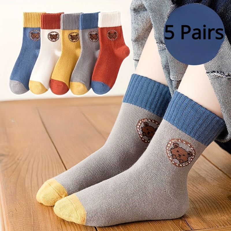 Unisex Bear Pattern Crew Socks for Girls Kids Fall Winter Breathable Thermal 5 Pairs