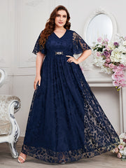 Plus Size Women's V-Neck Lace Dress with Waist Belt for Formal Weddings Black