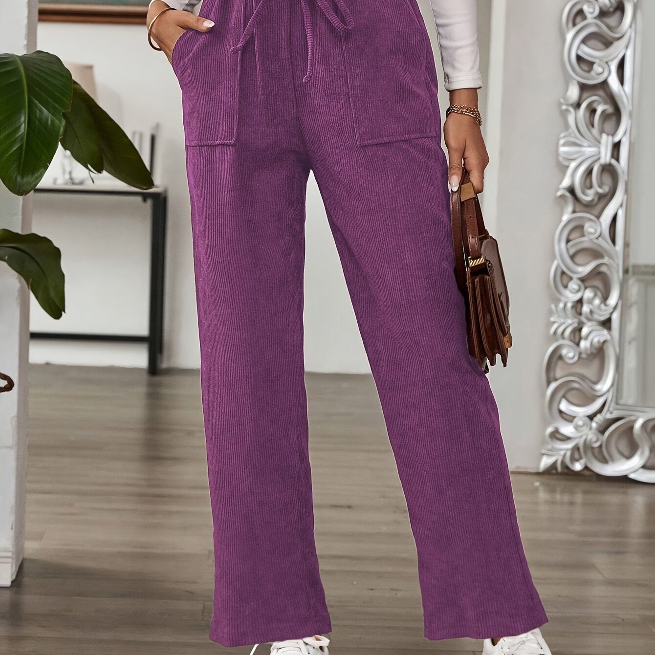 Pantalones de pana rectos para mujer de tallas grandes con bolsillos para todas las estaciones