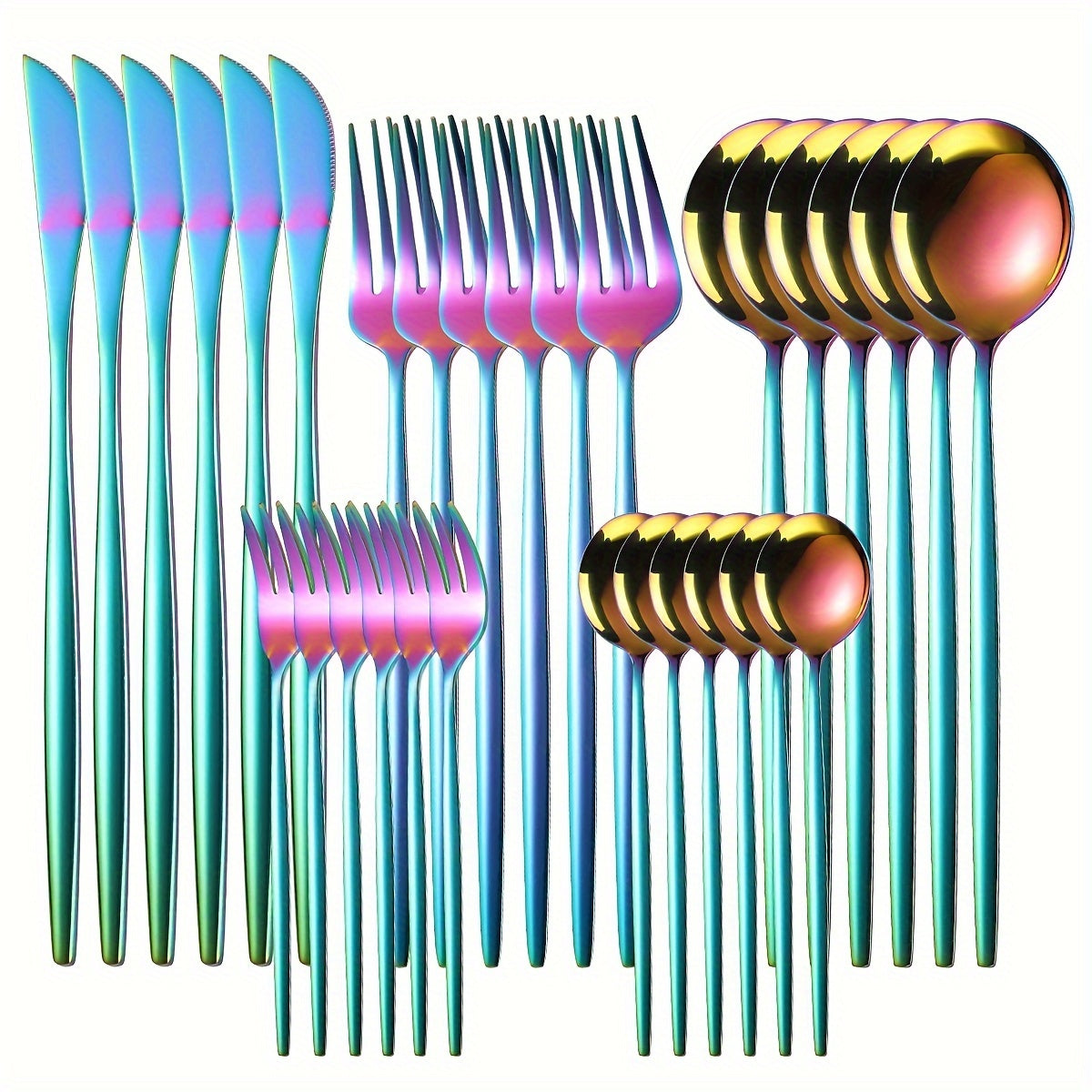 30 ta po'latdan yasalgan oshxona buyumlari to'plami, pichoq, vilkalar, qoshiq va shirinlik qoshiq bilan, idishga mos, turli ranglarda