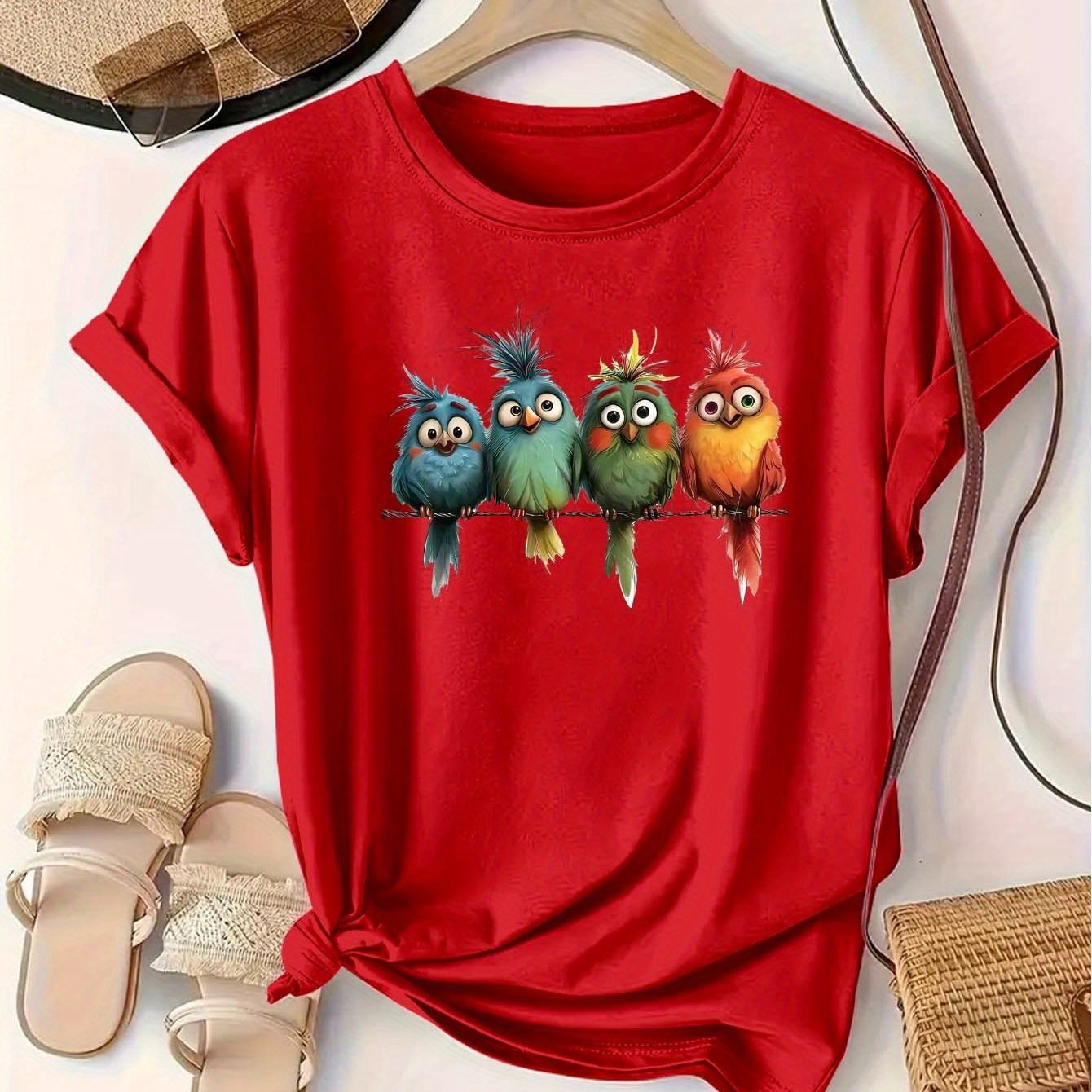 Plus Size Women's Casual Short Sleeve T-Shirt Vibrant Red Cartoon Birds Print