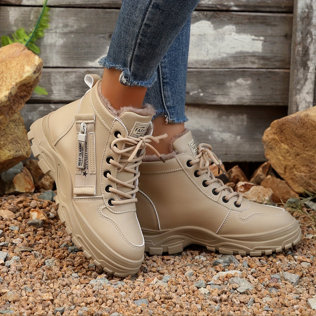 Women's Fleece-Lined Winter Boots High-Top Lace-Up Sneakers Black Beige White