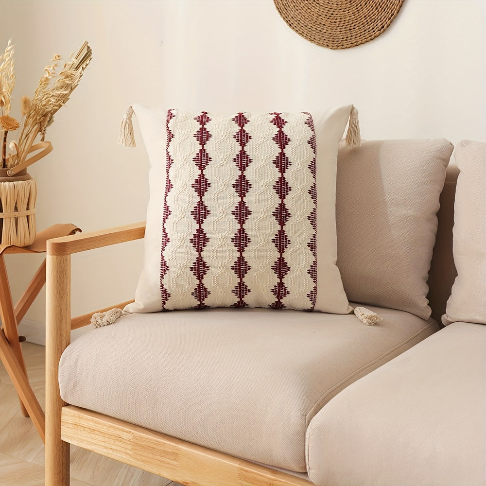 Bohemian Fringe Pillow Cover Geometric Pattern Orange Beige White Cushion Case for Sofa Decor