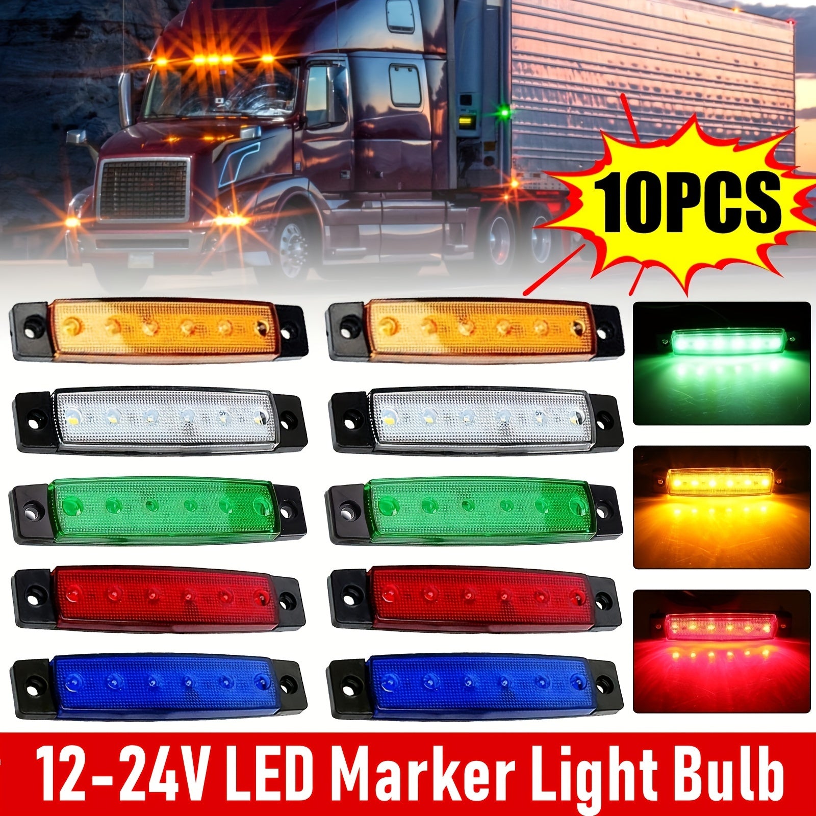 10 dona 9.65cm LED marker chiroqlari 12V-24V uchun avtomobil, yuk mashinasi, avtog'ildir, oq, qizil, amber, ko'k, yashil