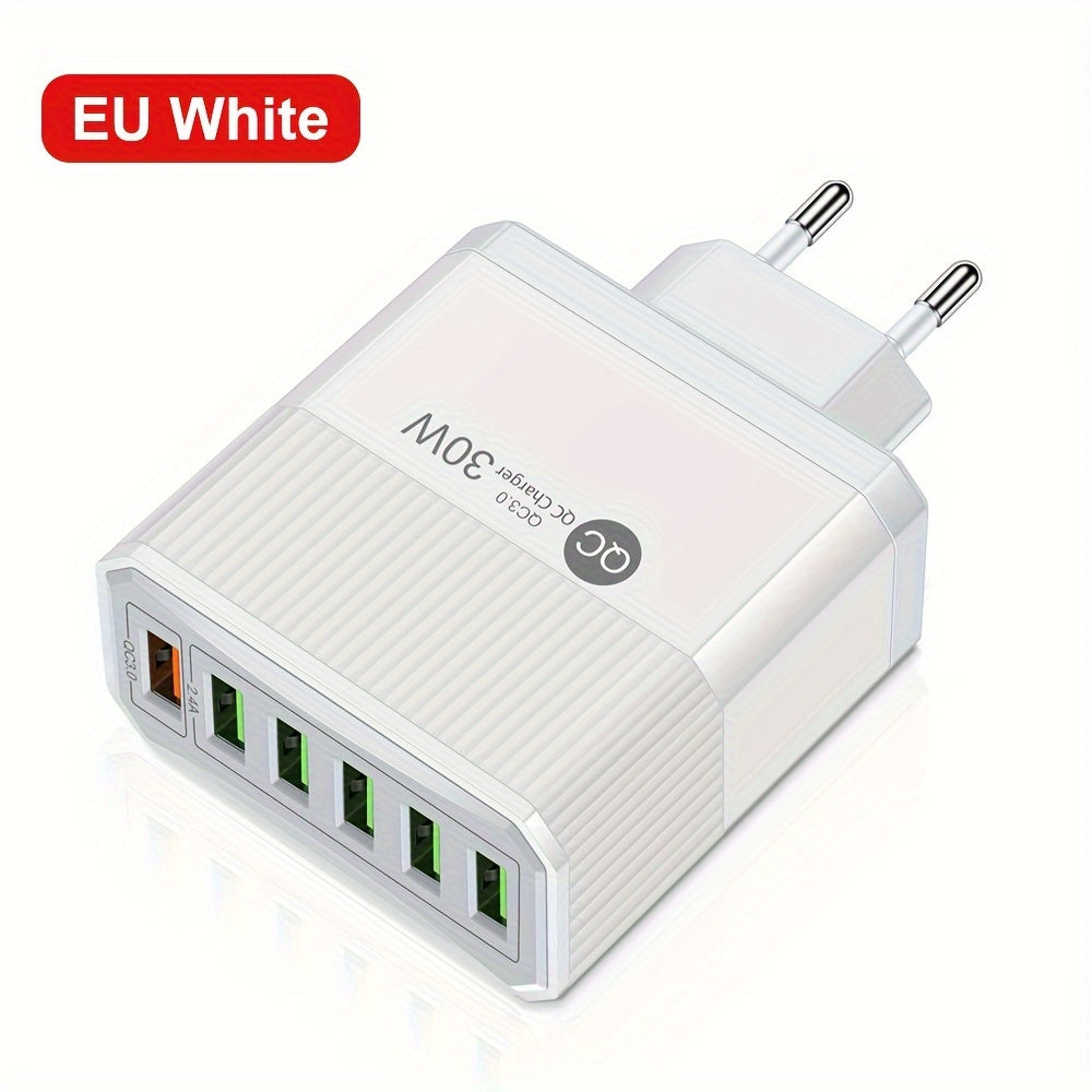 6-port USB devor zaryadkasi 30W tez zaryadlash QC 3.0 EU rozetkasi uchun mobil qurilmalar