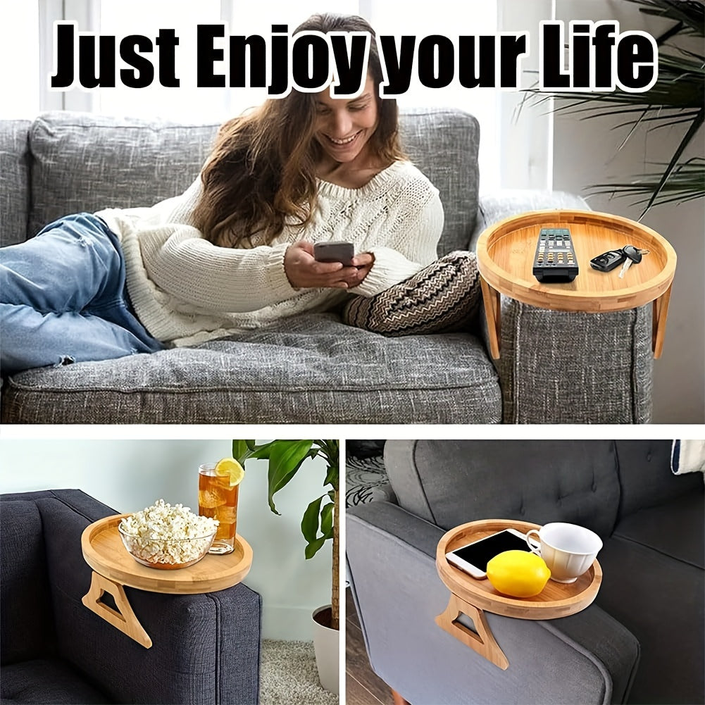 Clip-On Bamboo Sofa Armrest Tray Table for Drinks Snacks Remotes