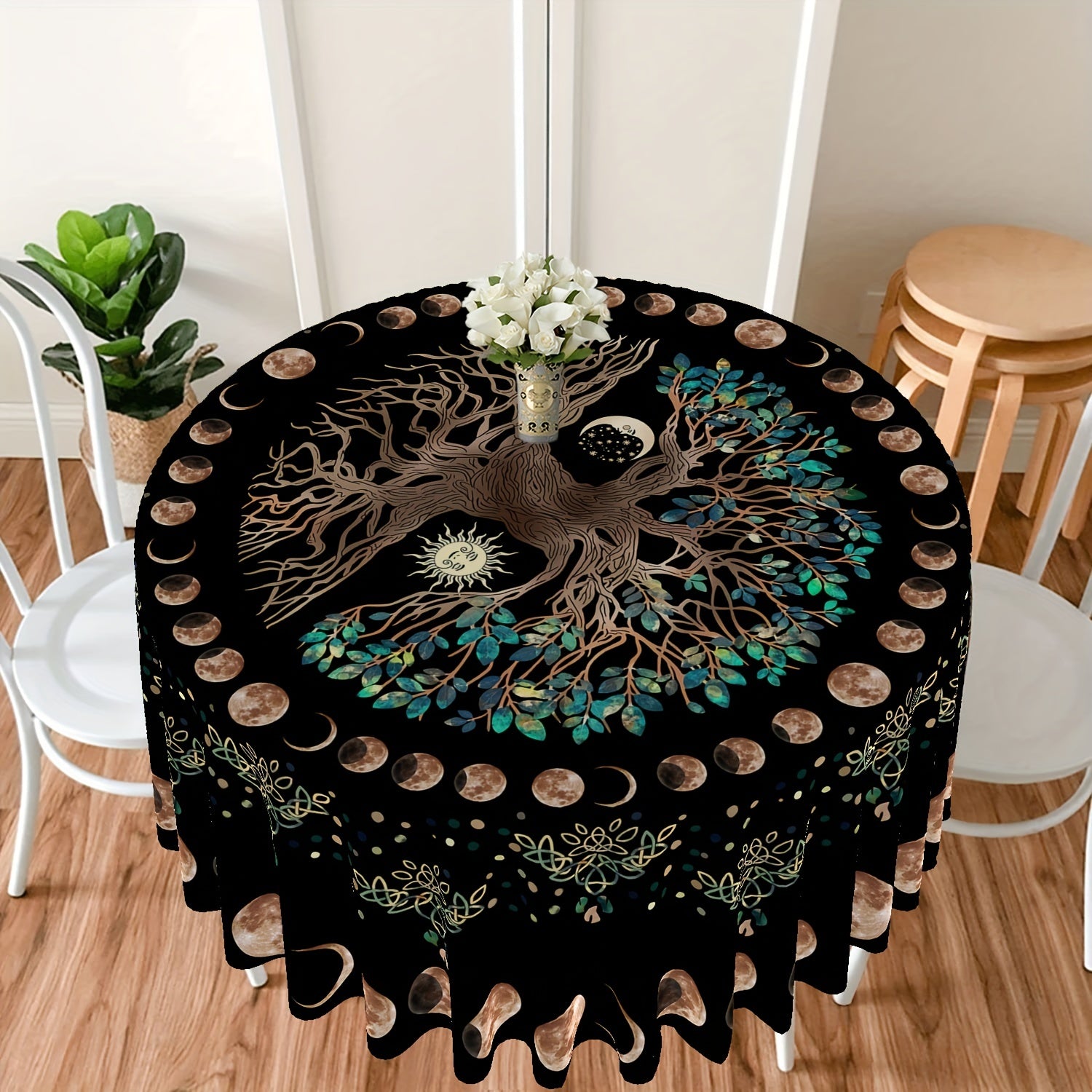 63-Inch Round Boho Tablecloth Sun Moon Star Tree Pattern Stain-Resistant Absorbent
