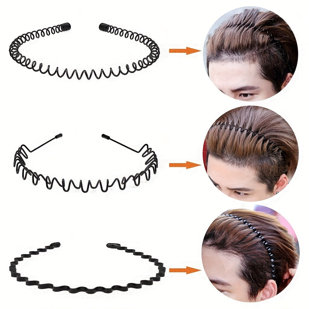 Set of 6 Black Wavy Spring Metal Hair Bands Non-Slip Elastic Headwear for Men Women
