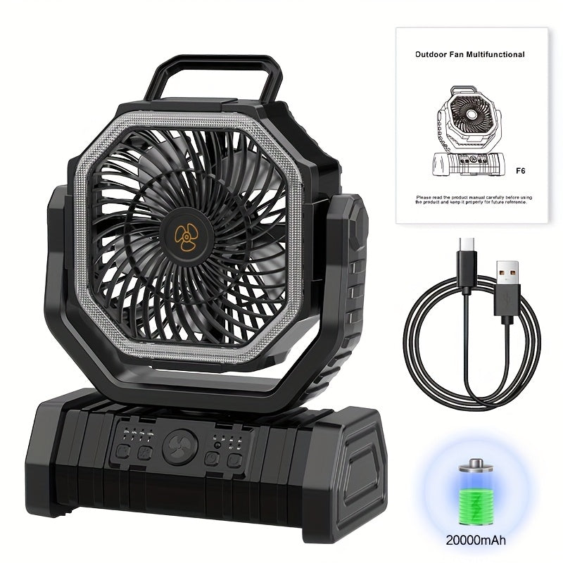 Portable Camping Fan with Wall Mount, Rechargeable USB Battery, Strong Wind