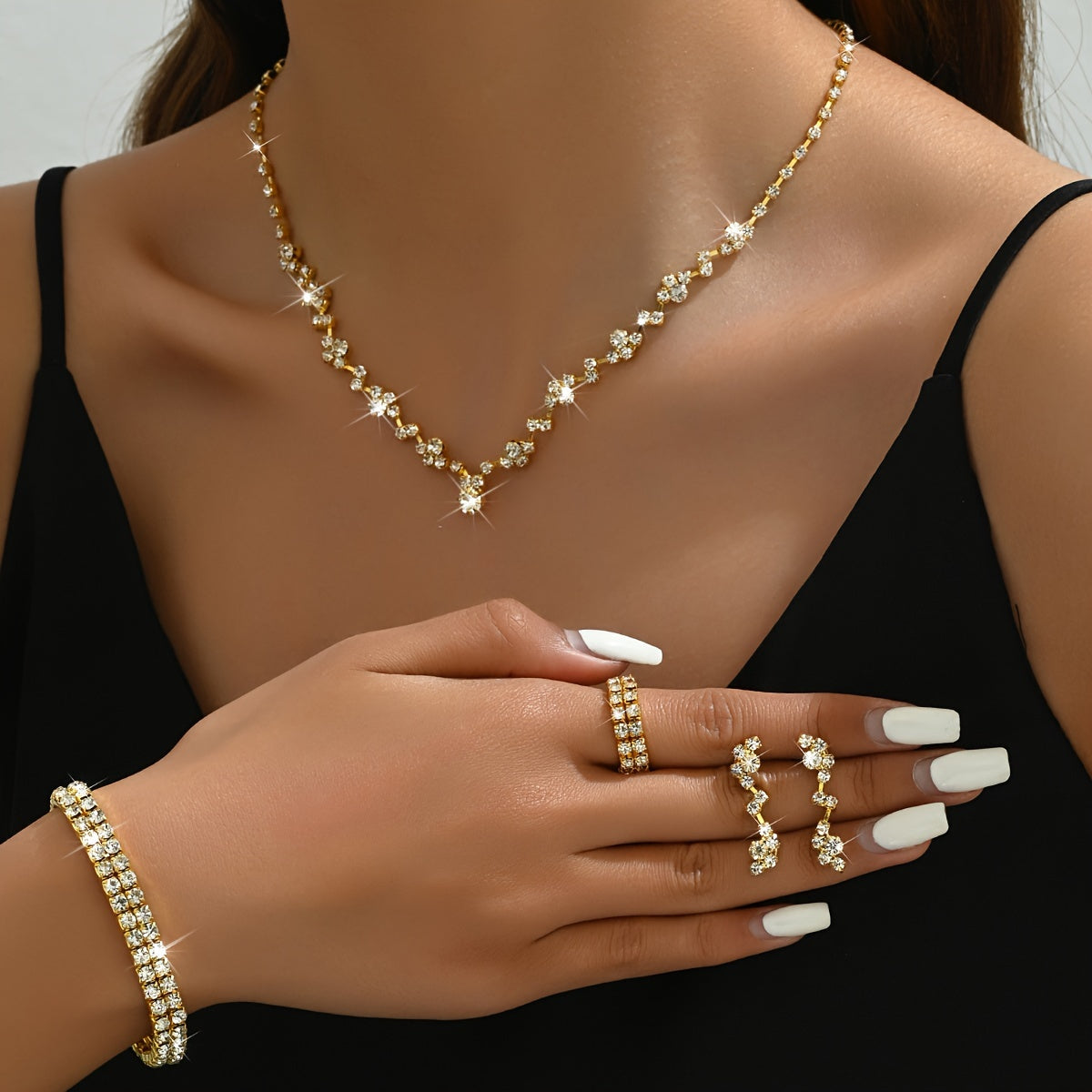 Women's Jewelry Set with Necklace Bracelet Earrings Ring in Gold Silver Black for Weddings