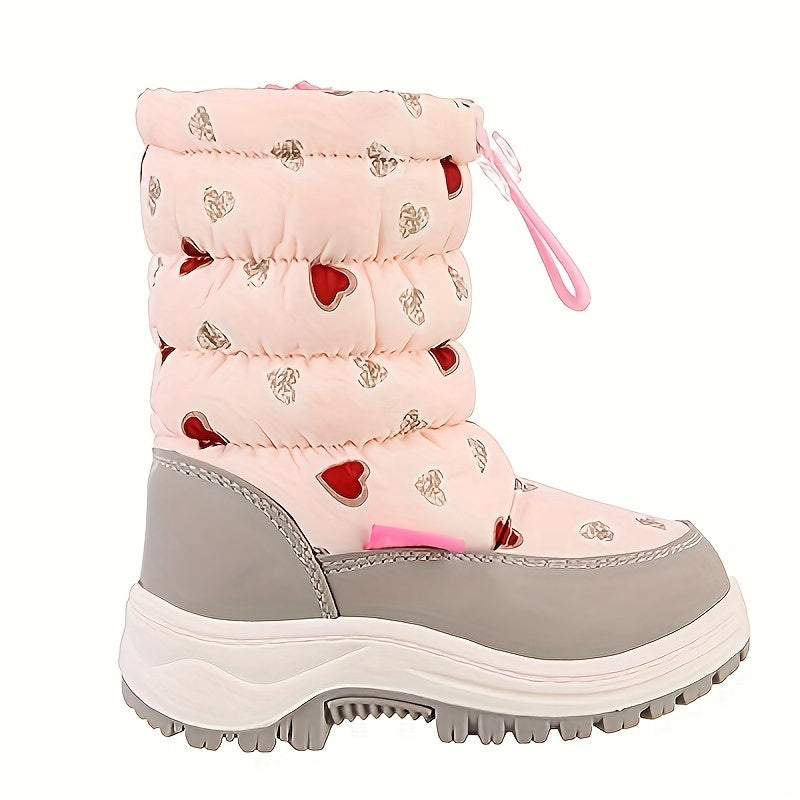 Girls Winter Snow Boots Pink Heart Pattern Fur-Lined Zipper Anti-Slip TPR Sole