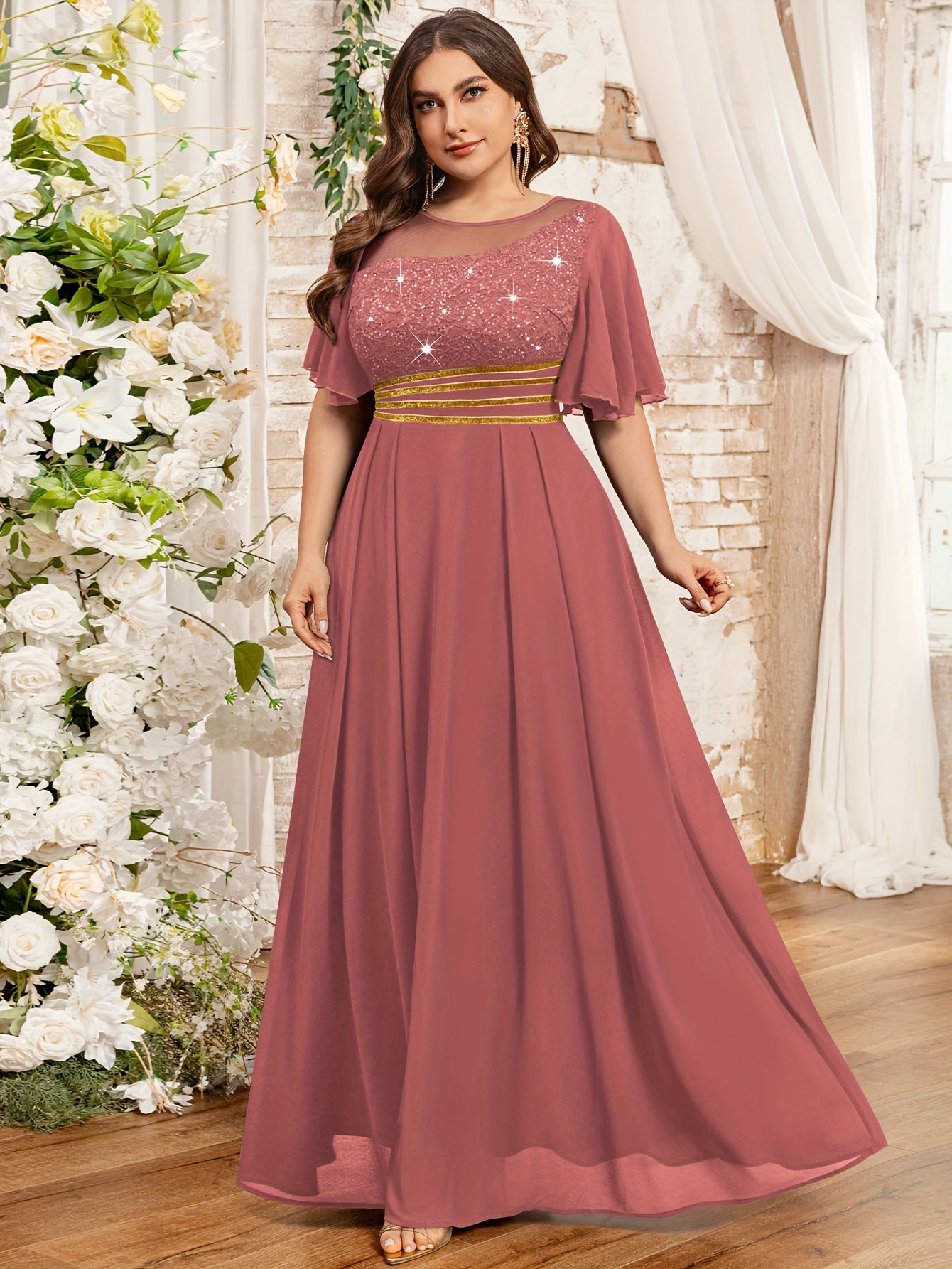 Plus Size Women's Mauve Lace Beaded Formal Floor-Length Dress for Weddings