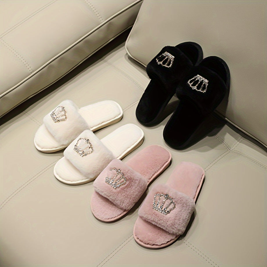 Women's Fuzzy Slippers Rhinestone Crown Indoor Non-slip Cozy Shoes