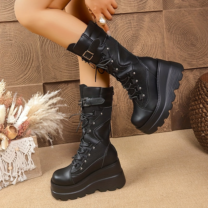 Women's Punk Motorcycle Boots with Buckle Lace-Up Faux Cover Rubber Sole