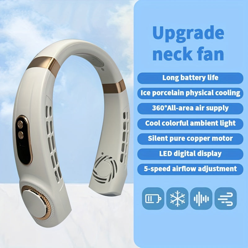 Noiseless Portable Neck Fan with LED Lights, 5-Speed Cooling, Rechargeable