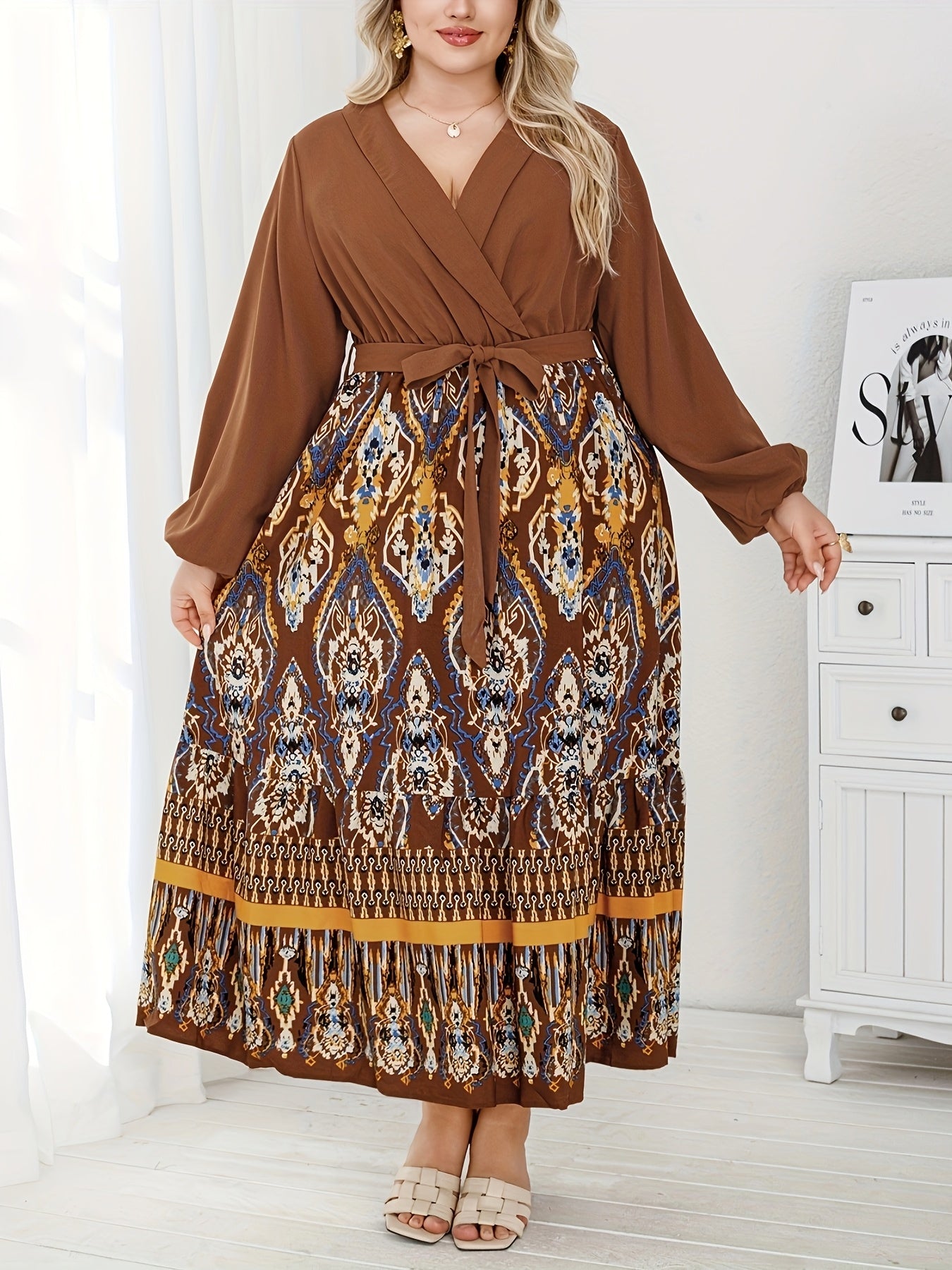 Vestido túnica de talla grande para mujer con escote en V, poliéster, para todas las estaciones, con cinturón de tejido