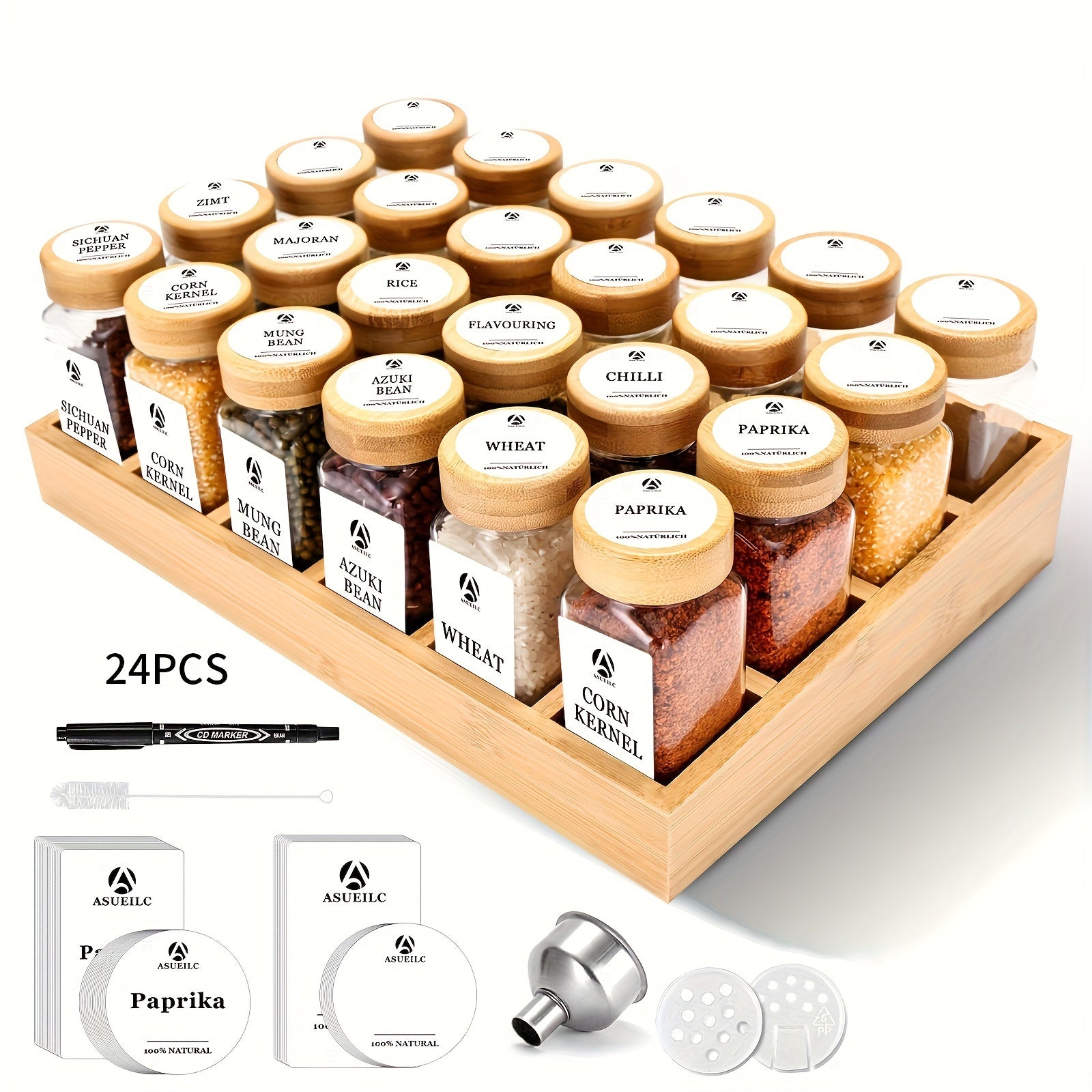 Spice Rack with 12 or 24 Jars Bamboo Lids Drawer Organizer Labels
