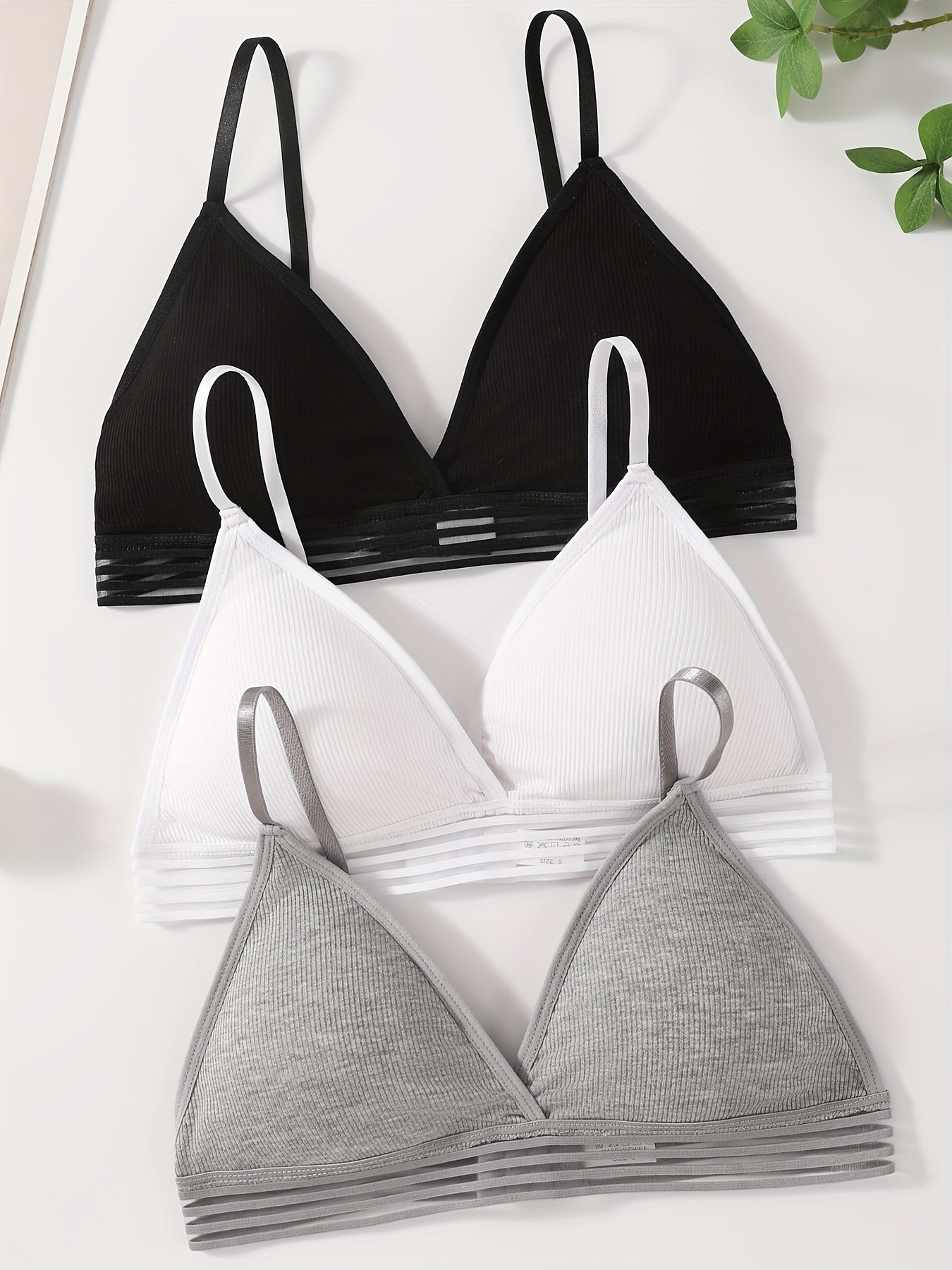 Women's Ribbed Wireless Bras with Removable Pads and Stripes in Black White Gray