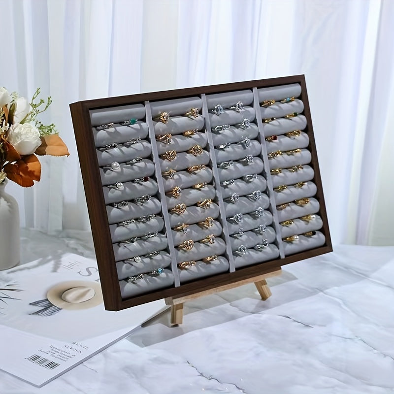 Wooden Jewelry Display Box with Plush Ring Holder and Large Storage Tray