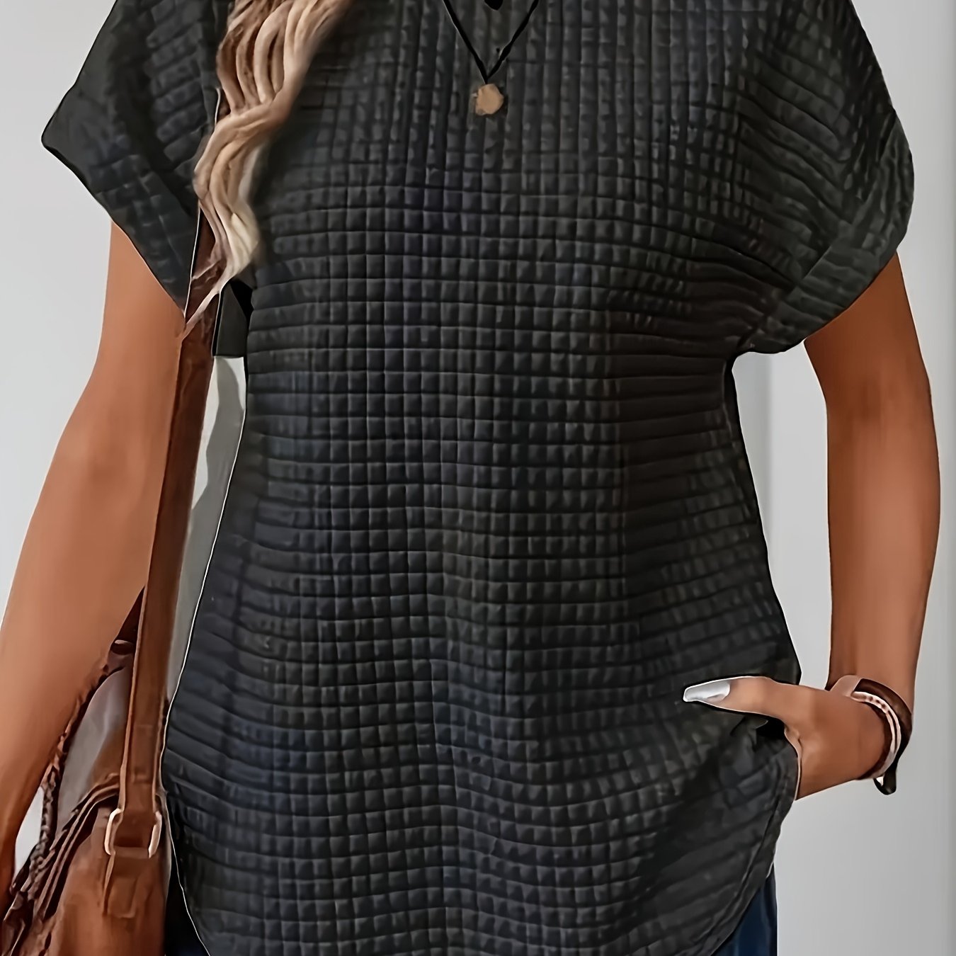 Women's Black Short Sleeve T-Shirt, Textured Cotton, Casual Summer Wear