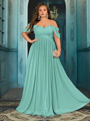 Plus Size Teal Maxi Dress Women Off-Shoulder Ruched A-Line Evening