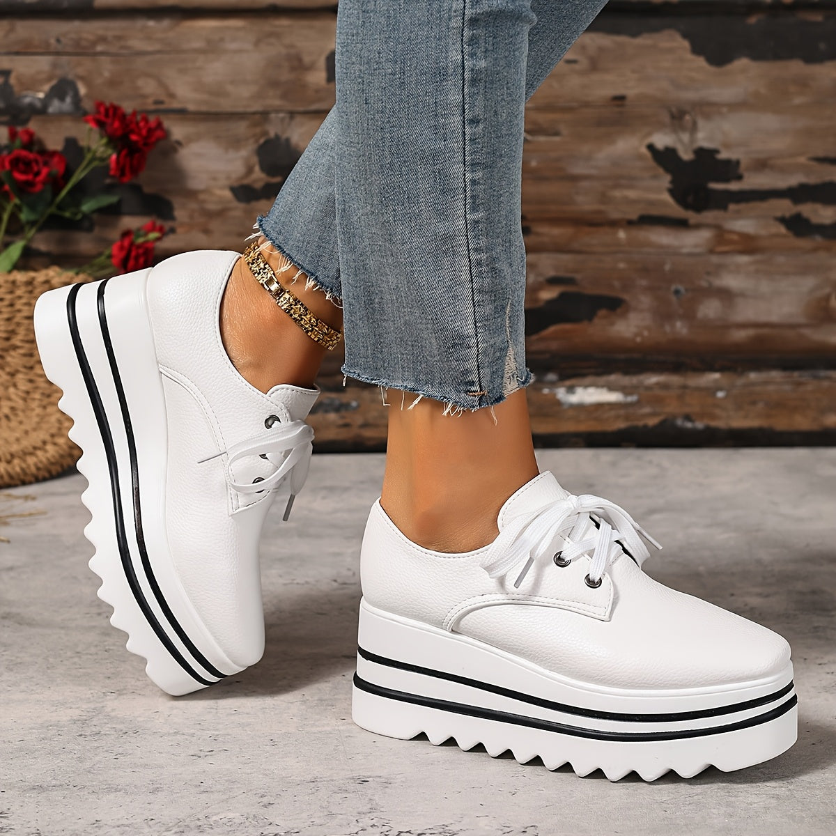 Women's White Synthetic Chunky Platform Lace-Up Shoes with Hidden Heel