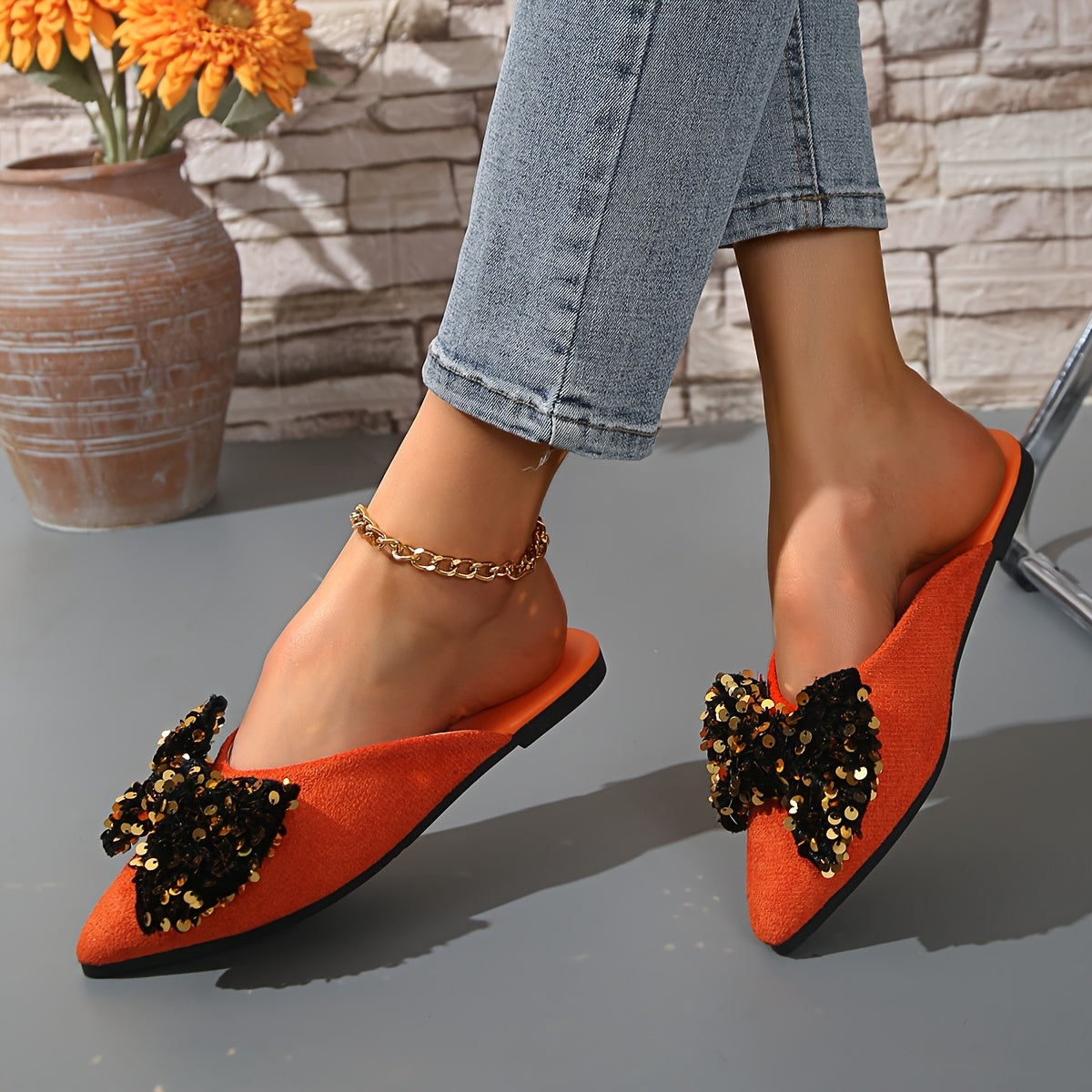 Zapatos planos de punta con lazo para mujer con parte superior de tela y suela de goma