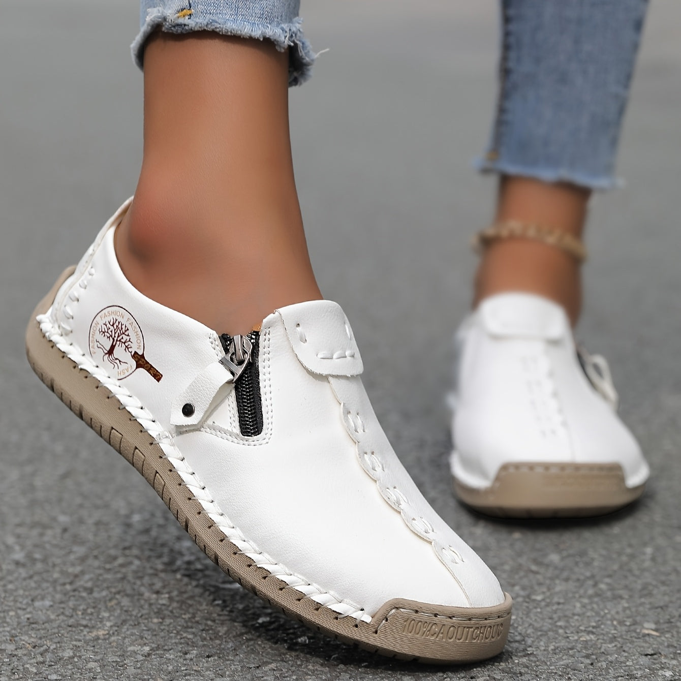 Women's Handmade Casual Loafers Slip-On Sneakers with Zipper Rubber Sole